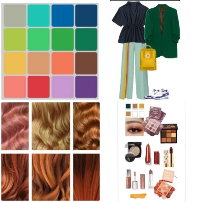 Kolaż z przykładowymi stylizacjami i kolorami dla kobiety
