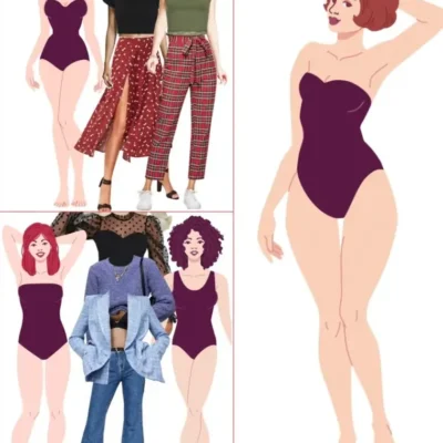 Grafika przedstawiająca kobietę w bodach, dla której przeprowadzana jest analiza sylwetki